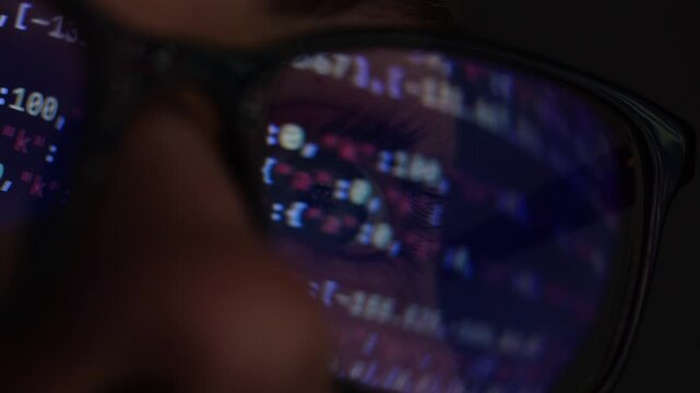 AI code on eyeglass glass, reflection on woman developer eyeglasses, working in dark office, tired busy people, depression on work, haker or it engineer with laptop, stocks markets. 