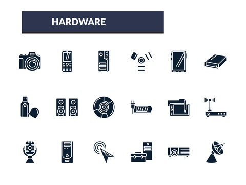 filled hardware icons set - computer case, firewire, big tablet, local disk. editable vector for web and mobile ui