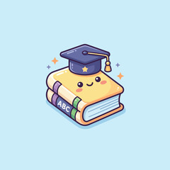 Cartoon book wearing graduation cap smiling.