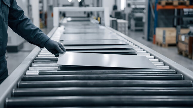 Factory Worker Handling Sheet Metal on Conveyor Belt | Automated Metal Processing Line in Manufacturing Plant | Industrial Roller Conveyor Moving Steel Sheets in Workshop | Close Up of Quality Control