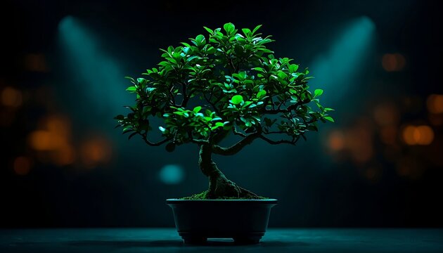 Schefflera arboricola bonsai umbrella tree isolated on a dark cinematic background