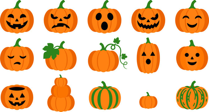 Assorted collection of orange halloween pumpkins with various expressive faces and natural textures including leafy stems and striped patterns for seasonal graphic decor.