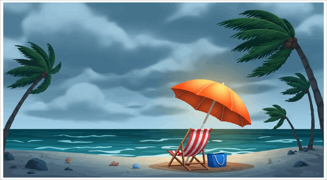 Lonely beach chair under orange umbrella during tropical storm with palm trees bending in wind