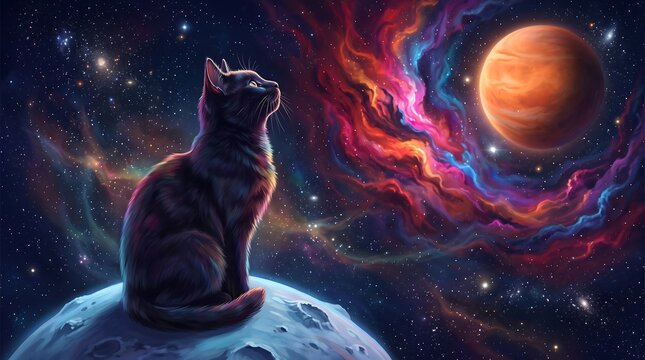 Cosmic cat contemplation a black feline gazes at a vibrant nebula and distant planet