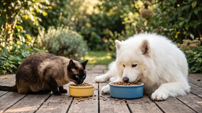 Cat and samoyed dog sharing meal outdoors on wooden deck in garden
