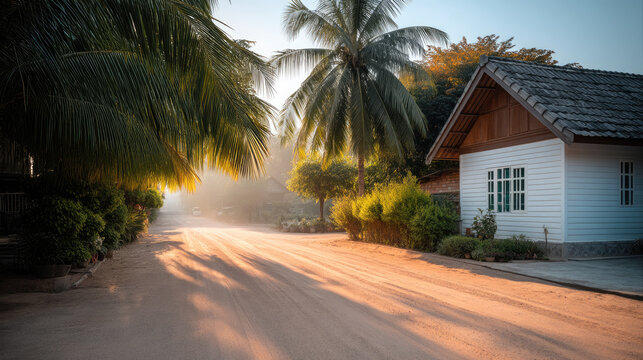 Sunlight palm tree rural house morning dirt road northeast Thailand peaceful tropical green foliage wooden home village serene landscape travel