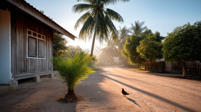 Rural village wooden house dirt road palm tree morning sunlight rooster northeast Thailand peaceful tropical serene