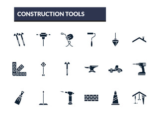 Naklejka premium filled construction tools icons set - cement mixers, paint roller, plumb bob, roof. editable vector for web and mobile ui