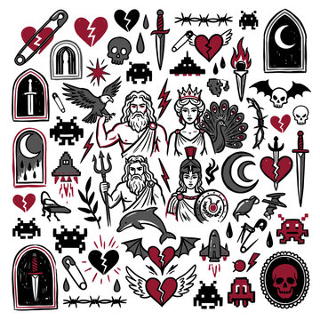 Mythological and gothic iconography with broken hearts and skulls