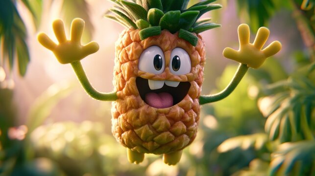 Jumping pineapple cartoon character in sunny jungle.