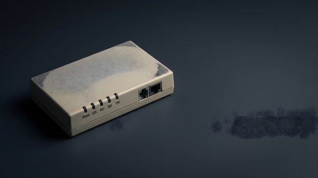 Plain beige dial-up modem with all LED indicators dark and fine grey dust layer accumulated on top surface on dark slate surface, modem obsolescence disconnected internet tech graveyard silence 