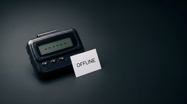 Plain black numeric pager with LCD showing no signal dashes and small offline note leaning against it on dark charcoal surface, pager obsolescence silent device tech graveyard communication death