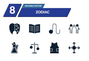 filled zodiac icons set - tartar, knowledge, leo, friendship. editable vector for web and mobile ui