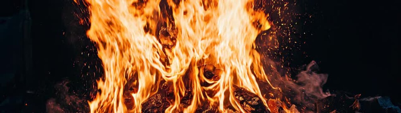 Burning charcoal pieces generating intense flames heat and sparking embers against a dark setting.