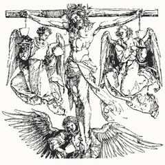 Obraz premium The Crucifixion with Mourning Angels, Historic Renaissance Woodcut Illustration