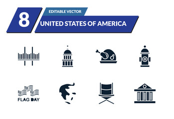 Naklejka premium filled united states of america icons set - golden gate, capitol, roasted turkey, fire hydrant. editable vector for web and mobile ui