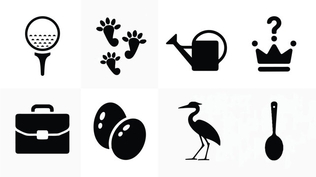 Eight black and white industria icons including a tennis racket and crown