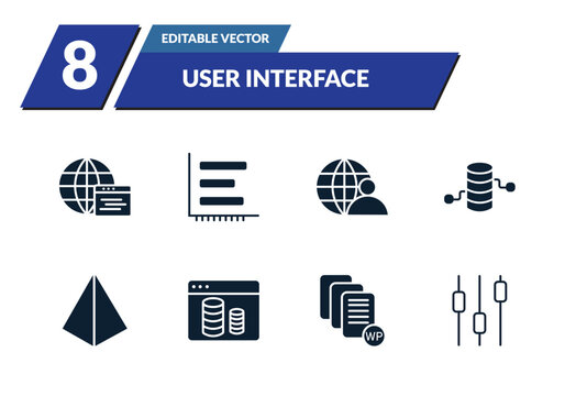 filled user interface icons set - window interface, dual bars interface, user data analytics cylinder. editable vector for web and mobile ui