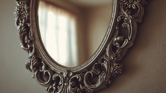 scrollwork. Ornate vintage mirror with floral and scrollwork frame against a plain wall. real-estate listings, architecture portfolios, designed for interior renovation comparisons for interiors.