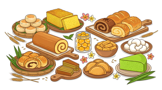 Indonesian traditional cakes and bakery assortment illustration vector, bika ambon, lapis legit, nastar, and bolu gulung on white background