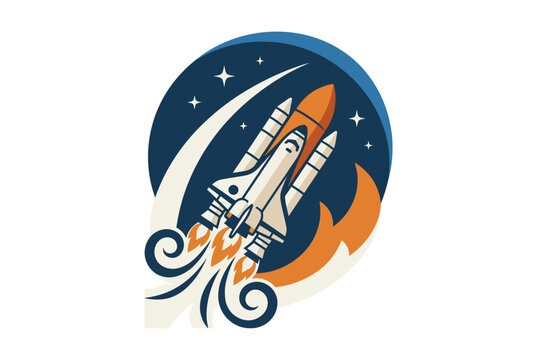 A stylized rocket launching into a starry space sky