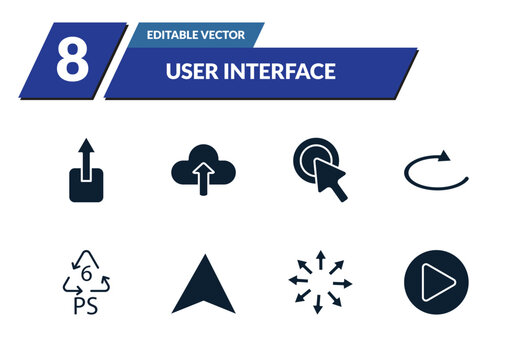 filled user interface icons set - export button, cloud upload, mouse clicker, loop arrow. editable vector for web and mobile ui