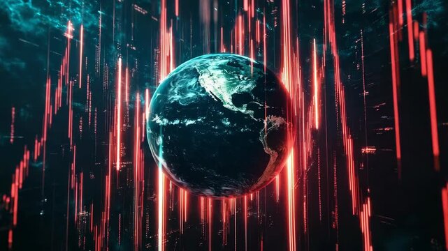 Planet earth surrounded by red glowing data streams charts directional arrows futuristic cyber technology representing global analytics artificial intelligence information flow digital transformation