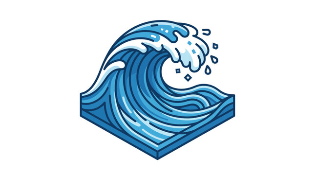 A stylized illustration of a blue ocean wave on a square base