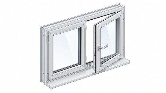 Illustration of a white double-pane casement window with frame and sill. One sash is open outward with a handle, showing clear glass on white background.