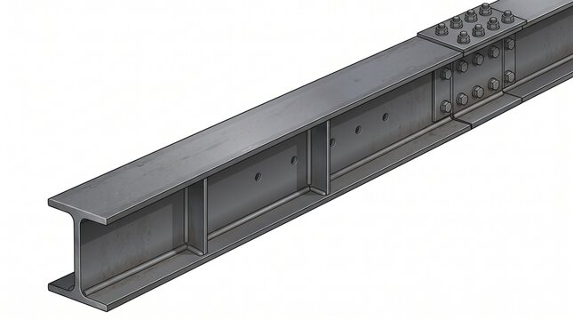 Illustration of two gray steel I-beams joined by bolted splice plates. Shows flanges, web with stiffeners, bolts and nuts, rendered on white background.