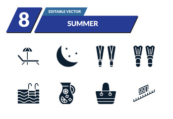 filled summer icons set - sunbed, moon, flippers, fins. editable vector for web and mobile ui © IconArt