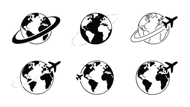 Six black and white illustrations of earth with airplanes and rings around them