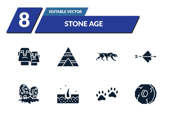 filled stone age icons set - moai, tipi, saber toothed tiger, bow. editable vector for web and mobile ui © IconArt