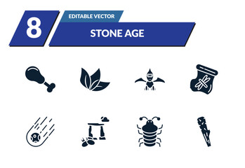 filled stone age icons set - chicken leg, leaf, pterodactyl, dried insect in amber. editable vector for web and mobile ui © IconArt