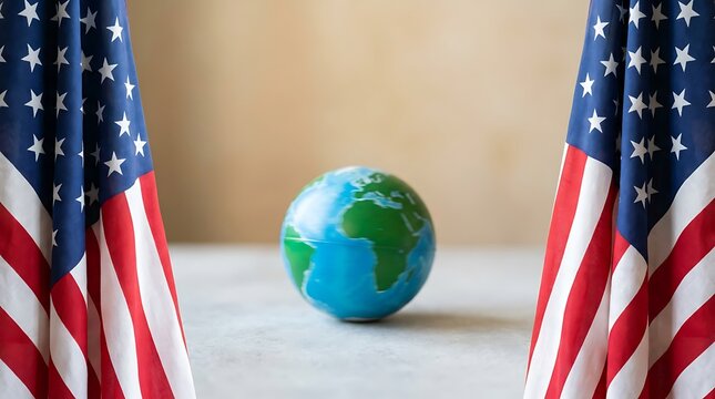 American flags flank globe symbolizing global relations and international policy, representing diplomacy and a united world with diverse cultures and nations.