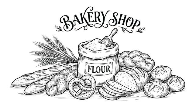 Detailed vintage illustration of a flour sack with assorted artisan bread loaves and wheat stalks