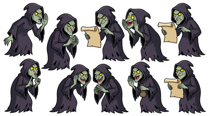 Fototapeta premium A collection of cartoon witch character poses in dark robes showing various facial expressions and gestures