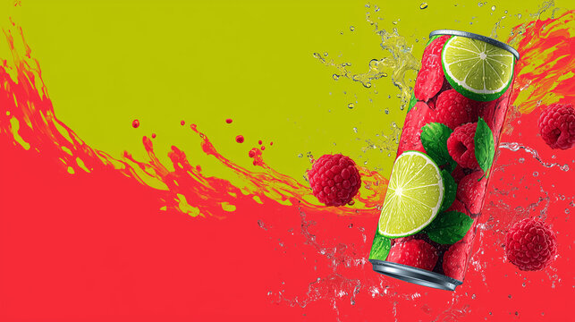 Vibrant soda can featuring fresh raspberries and lime slices surrounded by dynamic liquid splashes on a colorful background.