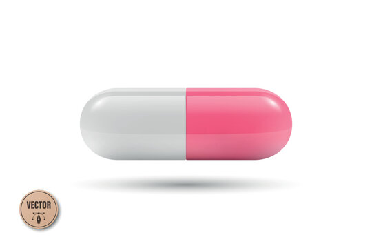 Vector 3d Pink and White Capsule Pill Isolated. Realistic 3d Medicine Illustration for Pharmacy and Healthcare. Prescription Drug Supplement Concept. Medical Medication Icon