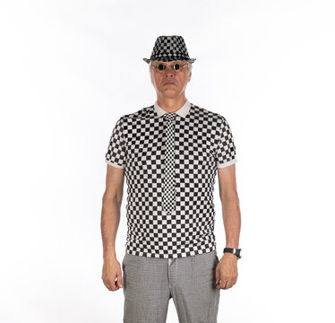 Portrait of a man in a gray checkered suit isolated on white background