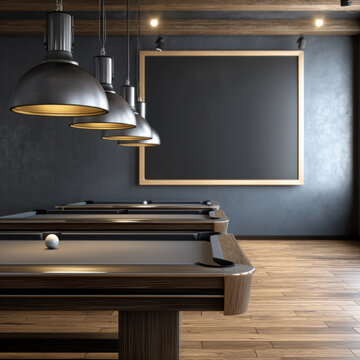 Modern billiard table wooden floor blank vertical poster frame pendant lights black wall cozy interior game room stylish empty space