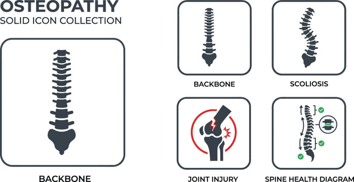 Osteopathy Icons Spine Scoliosis Joint Injury Health Diagram Vector