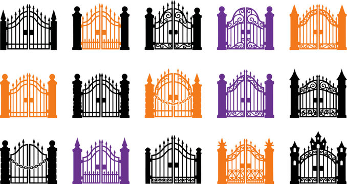 Collection of decorative wrought iron gates in halloween style with intricate metalwork scrolls chains spikes and classic gothic architecture for spooky holiday seasonal design.