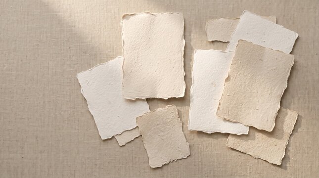Scattered blank handmade cotton papers with deckled edges on linen texture background with sunlight shadows