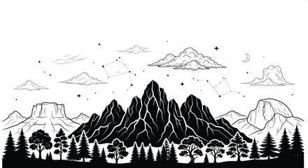 Obraz premium Majestic Mountain Range under Celestial Sky with Constellations and Clouds