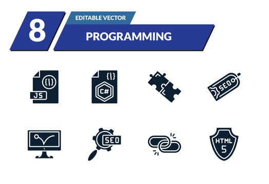 filled programming icons set - js, c sharp, addon, seo tags. editable vector for web and mobile ui
