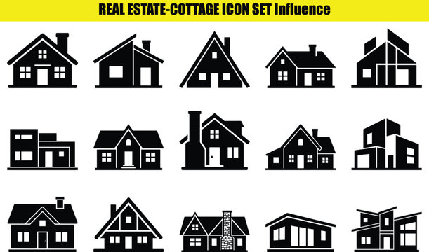 Collection of house shaped pictograms two tone style depicting various architectural building forms cottage houses buildings architecture residential dwelling home estate property