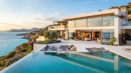 Fototapeta premium White modern seaside villa with glass walls and pool