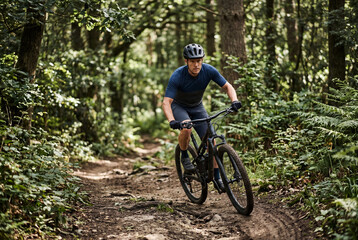 Fototapeta premium Cyclist Riding Mountain Bike Along Forest Trail in Summer