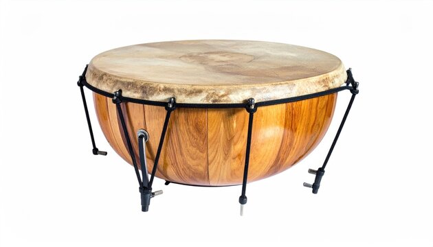 Large wooden percussion instrument with a stretched hide drumhead